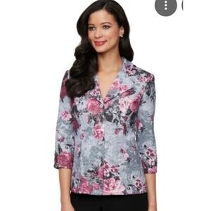 ALEX EVENINGS Petite 3/4-sleeve Printed Jacquard Jacket In Gray. Petite. Size L